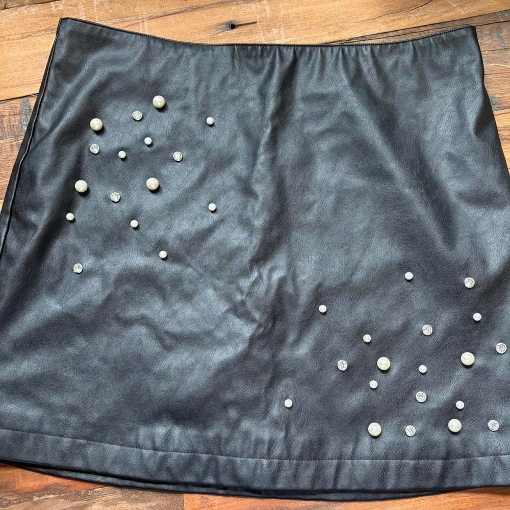 Francesca's Black Faux Leather  Mini Skirt with Studs and Pearls